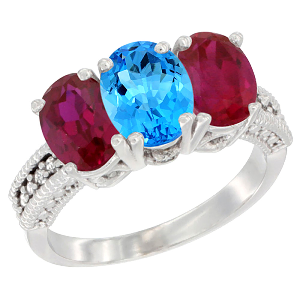 10K White Gold Natural Swiss Blue Topaz &amp; Enhanced Ruby Sides Ring 3-Stone Oval 7x5 mm Diamond Accent, sizes 5 - 10