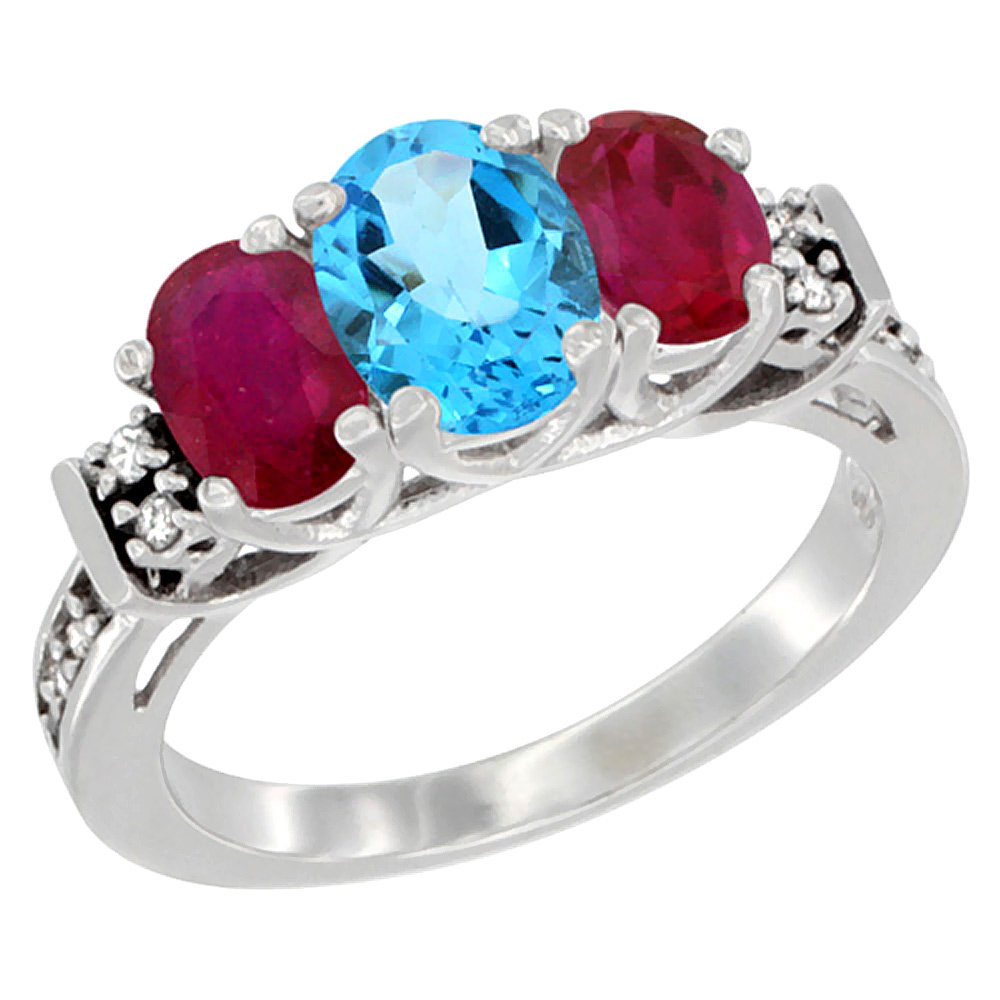 14K White Gold Natural Swiss Blue Topaz & Enhanced Ruby Ring 3-Stone Oval Diamond Accent, sizes 5-10