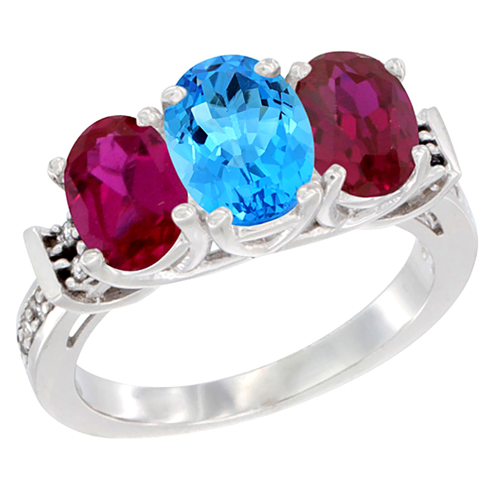 14K White Gold Natural Swiss Blue Topaz & Enhanced Ruby Sides Ring 3-Stone Oval Diamond Accent, sizes 5 - 10