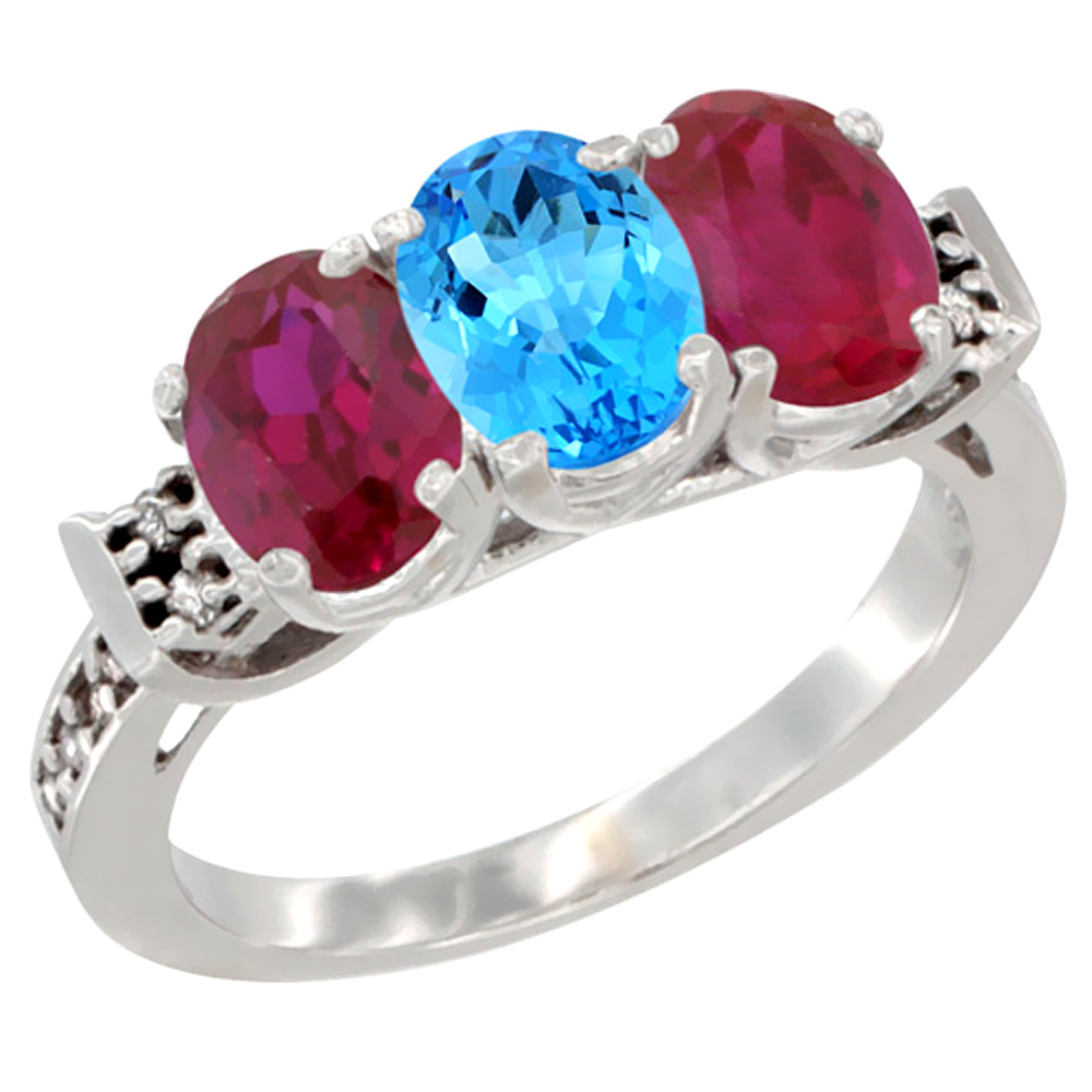 14K White Gold Natural Swiss Blue Topaz &amp; Enhanced Ruby Sides Ring 3-Stone Oval 7x5 mm Diamond Accent, sizes 5 - 10
