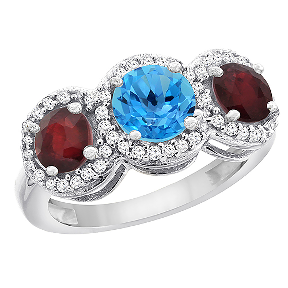 14K White Gold Natural Swiss Blue Topaz &amp; Enhanced Ruby Sides Round 3-stone Ring Diamond Accents, sizes 5 - 10