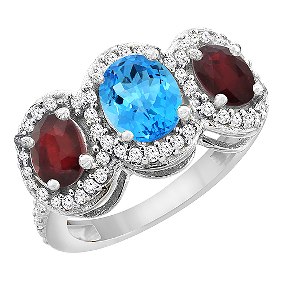14K White Gold Natural Swiss Blue Topaz & Enhanced Ruby 3-Stone Ring Oval Diamond Accent, sizes 5 - 10