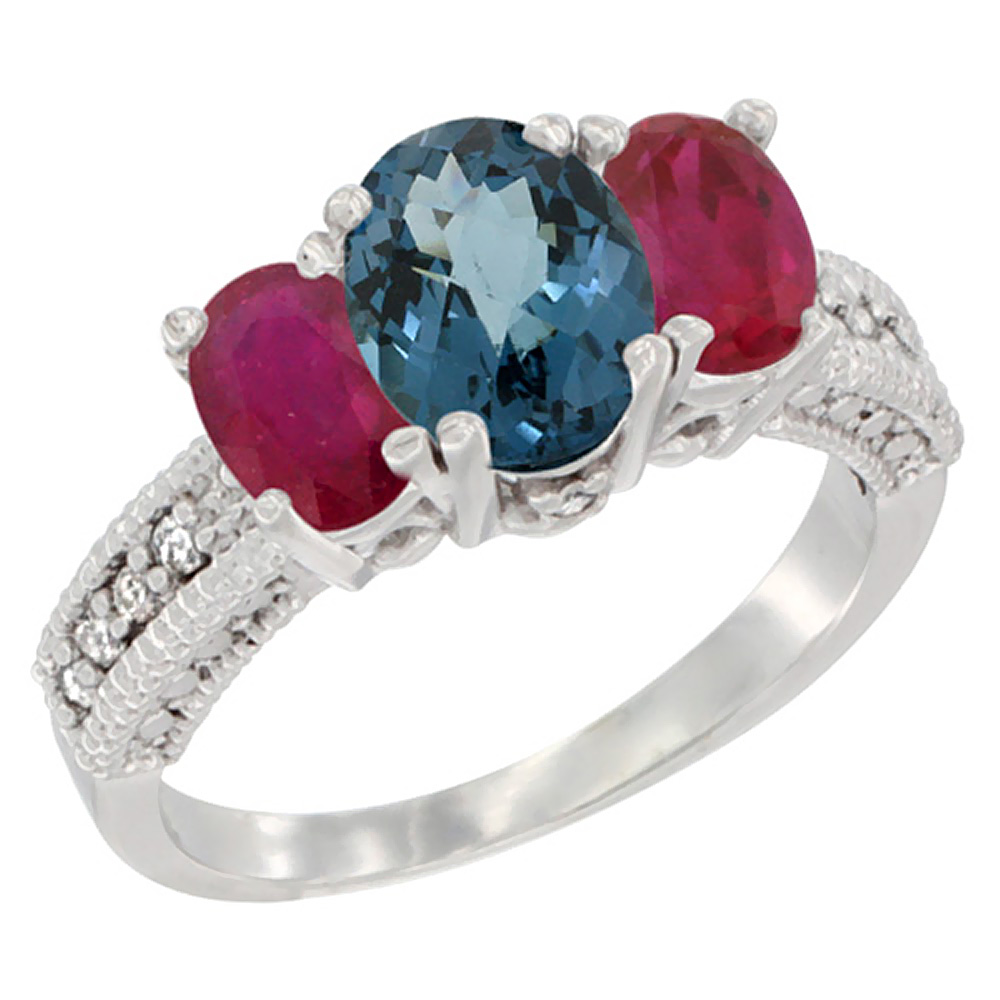 10K White Gold Diamond Natural London Blue Topaz Ring Oval 3-stone with Enhanced Ruby, sizes 5 - 10