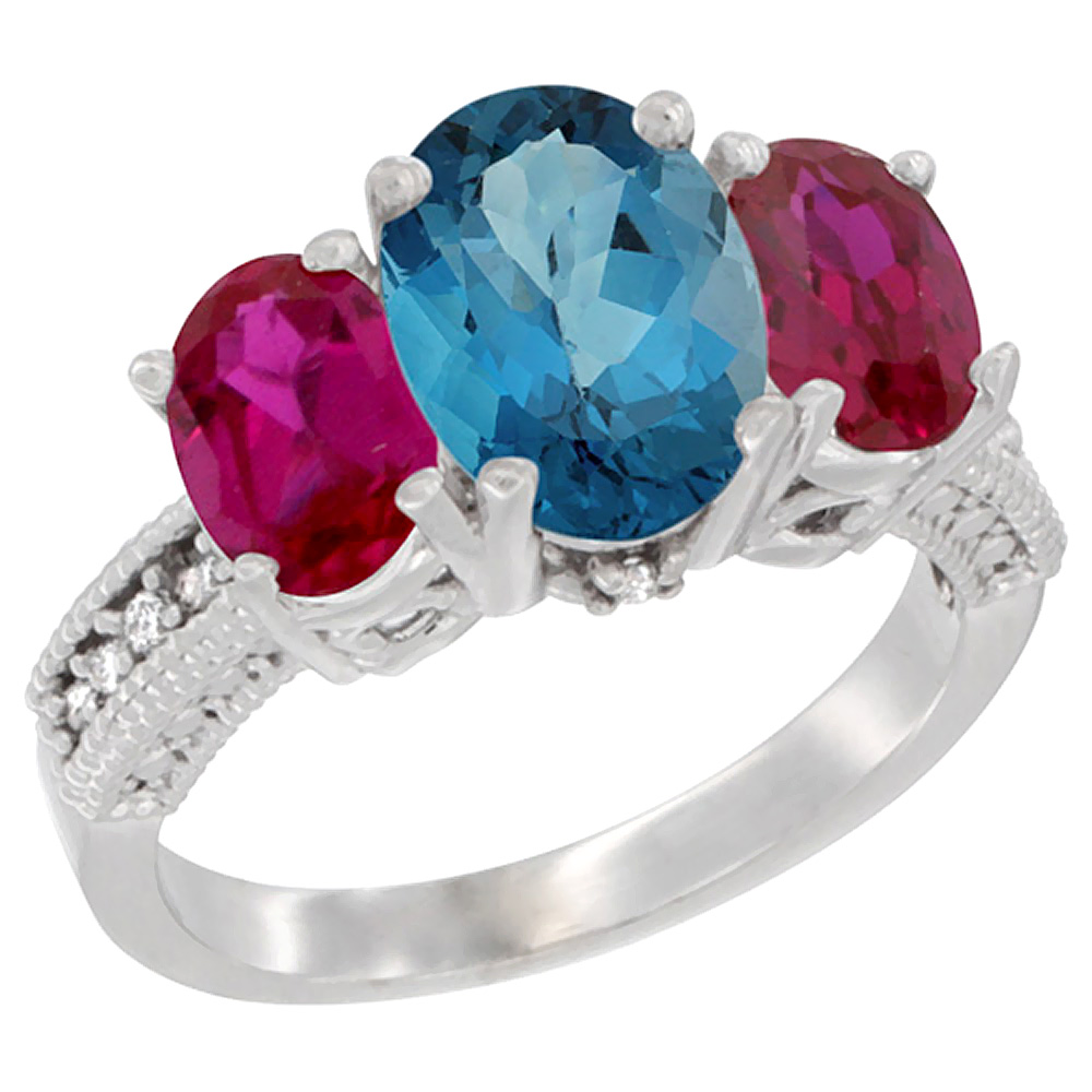 14K White Gold Diamond Natural London Blue Topaz Ring 3-Stone Oval 8x6mm with Ruby, sizes5-10