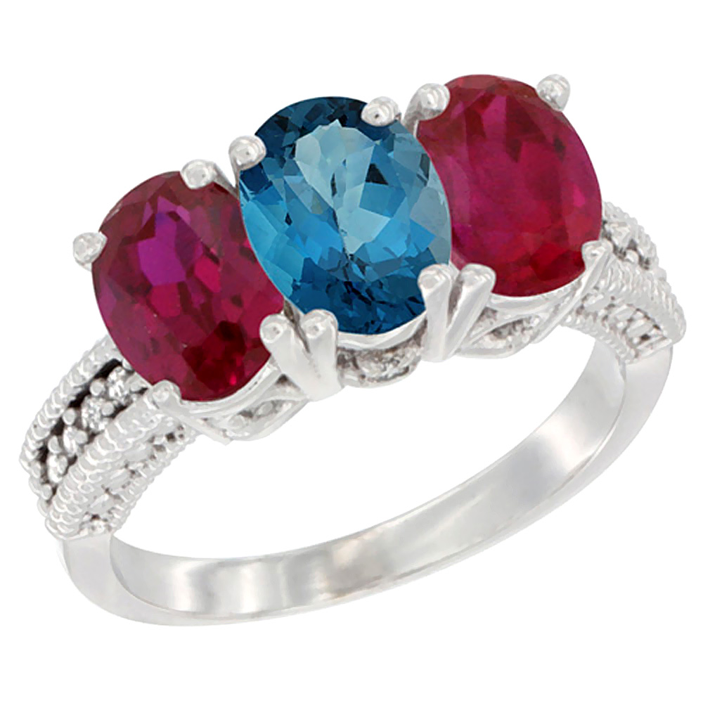 14K White Gold Natural London Blue Topaz & Enhanced Ruby Sides Ring 3-Stone Oval 7x5 mm Diamond Accent, sizes 5 - 10