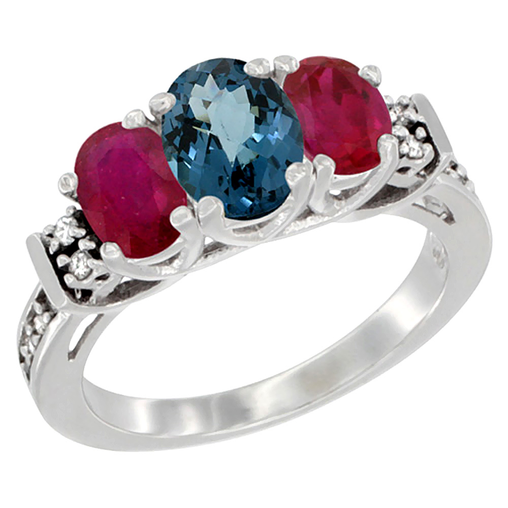 14K White Gold Natural London Blue Topaz & Enhanced Ruby Ring 3-Stone Oval Diamond Accent, sizes 5-10