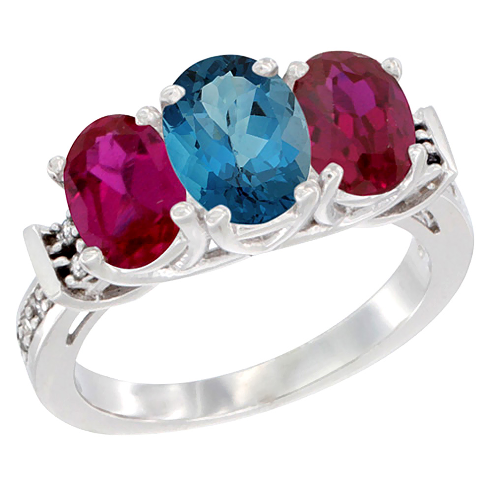 10K White Gold Natural London Blue Topaz & Enhanced Ruby Sides Ring 3-Stone Oval Diamond Accent, sizes 5 - 10