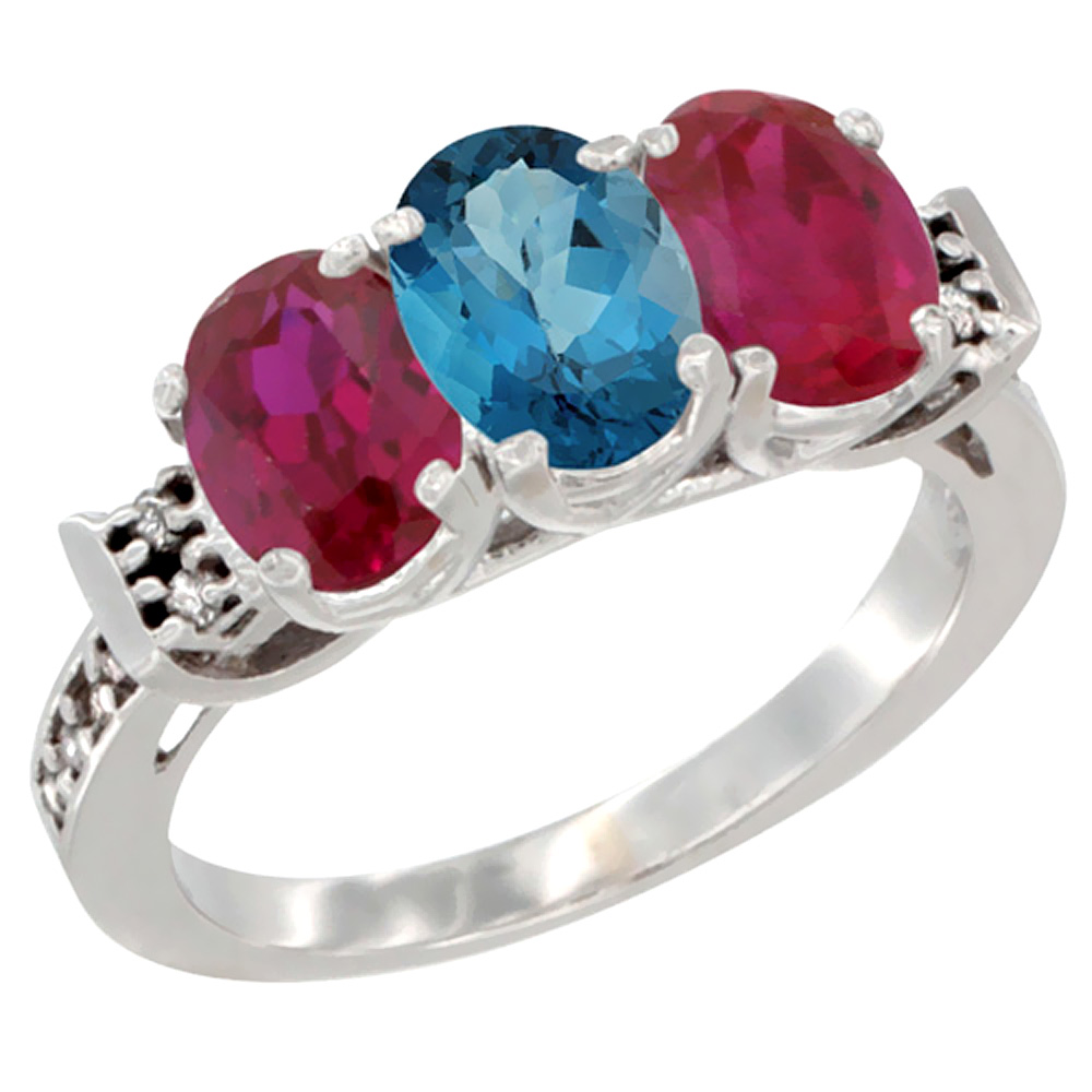 10K White Gold Natural London Blue Topaz &amp; Enhanced Ruby Sides Ring 3-Stone Oval 7x5 mm Diamond Accent, sizes 5 - 10