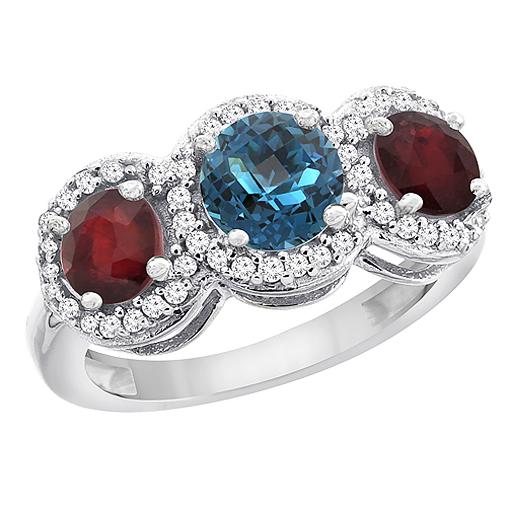 14K White Gold Natural London Blue Topaz &amp; Enhanced Ruby Sides Round 3-stone Ring Diamond Accents, sizes 5 - 10