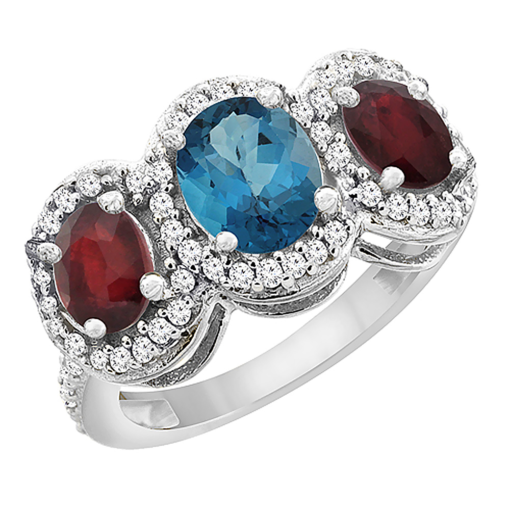 10K White Gold Natural London Blue Topaz &amp; Enhanced Ruby 3-Stone Ring Oval Diamond Accent, sizes 5 - 10