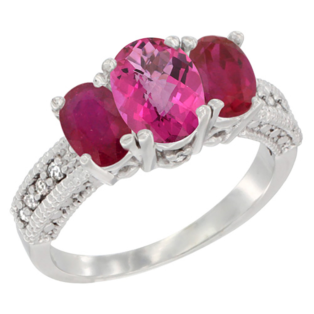 14K White Gold Diamond Natural Pink Topaz Ring Oval 3-stone with Enhanced Ruby, sizes 5 - 10