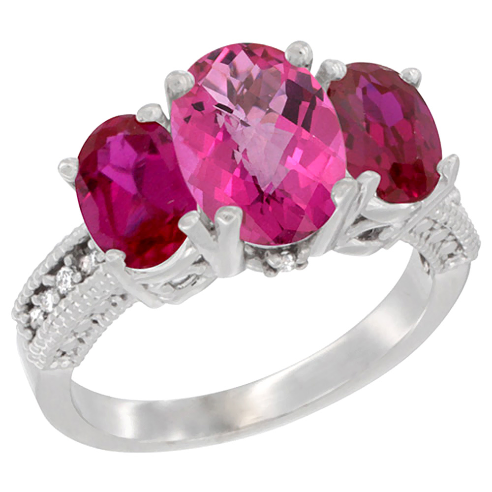 14K White Gold Diamond Natural Pink Topaz Ring 3-Stone Oval 8x6mm with Ruby, sizes5-10