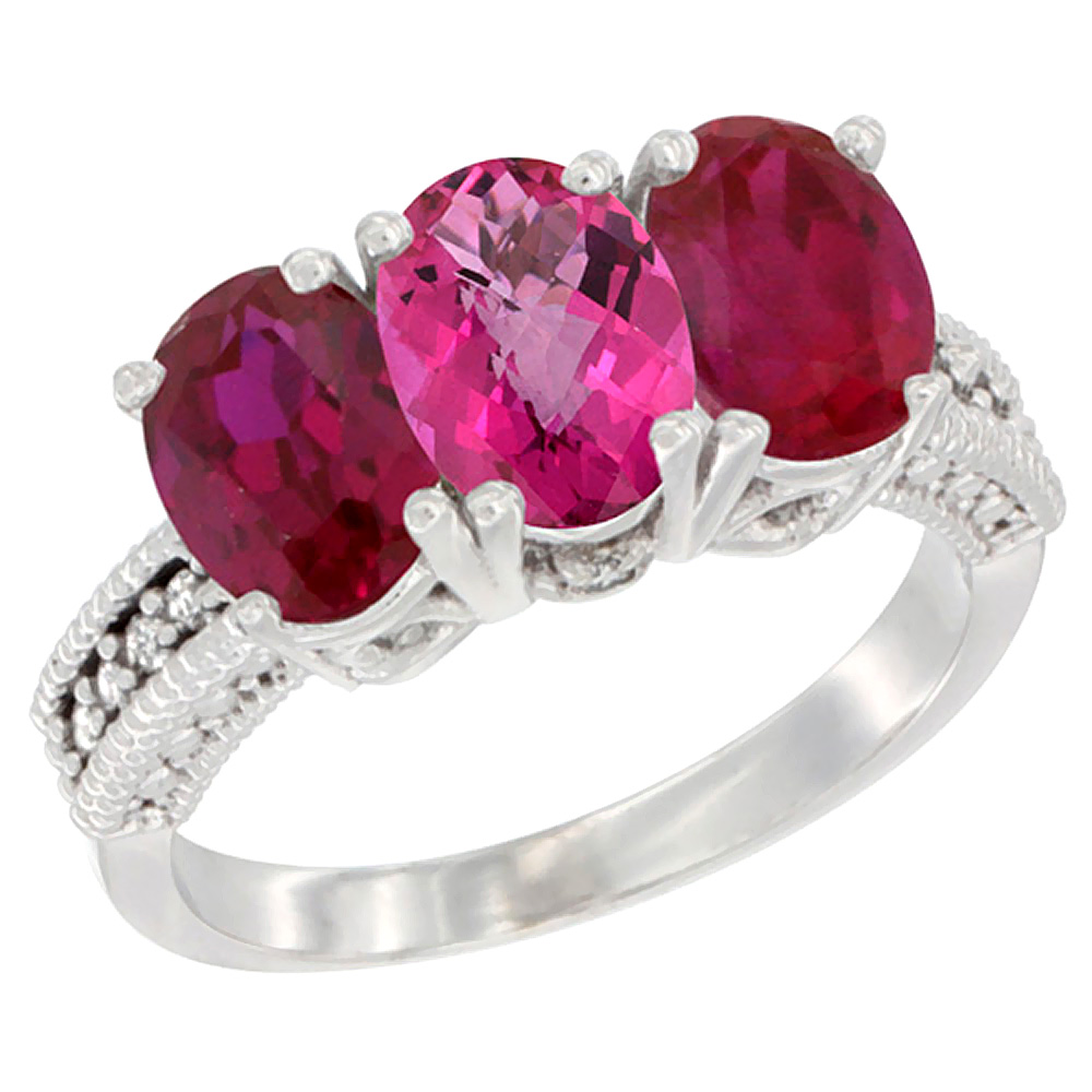 10K White Gold Natural Pink Topaz & Enhanced Ruby Sides Ring 3-Stone Oval 7x5 mm Diamond Accent, sizes 5 - 10
