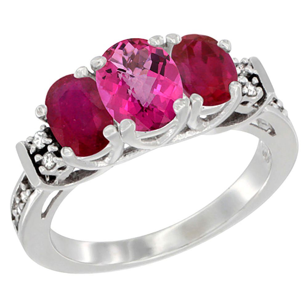 14K White Gold Natural Pink Topaz &amp; Enhanced Ruby Ring 3-Stone Oval Diamond Accent, sizes 5-10