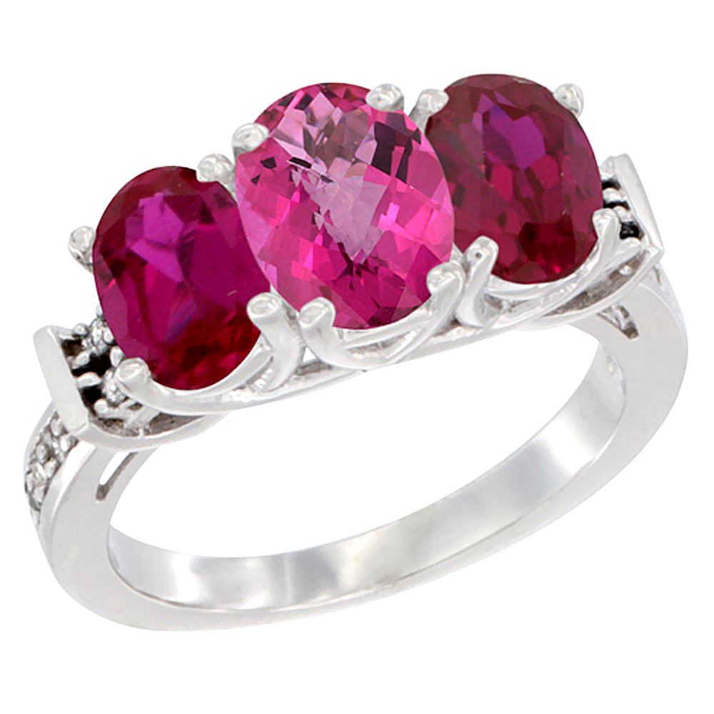 10K White Gold Natural Pink Topaz &amp; Enhanced Ruby Sides Ring 3-Stone Oval Diamond Accent, sizes 5 - 10