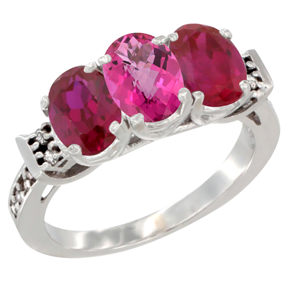 10K White Gold Natural Pink Topaz & Enhanced Ruby Sides Ring 3-Stone Oval 7x5 mm Diamond Accent, sizes 5 - 10