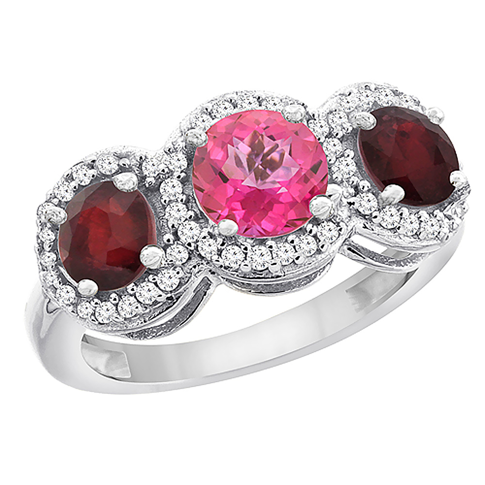 14K White Gold Natural Pink Topaz &amp; Enhanced Ruby Sides Round 3-stone Ring Diamond Accents, sizes 5 - 10