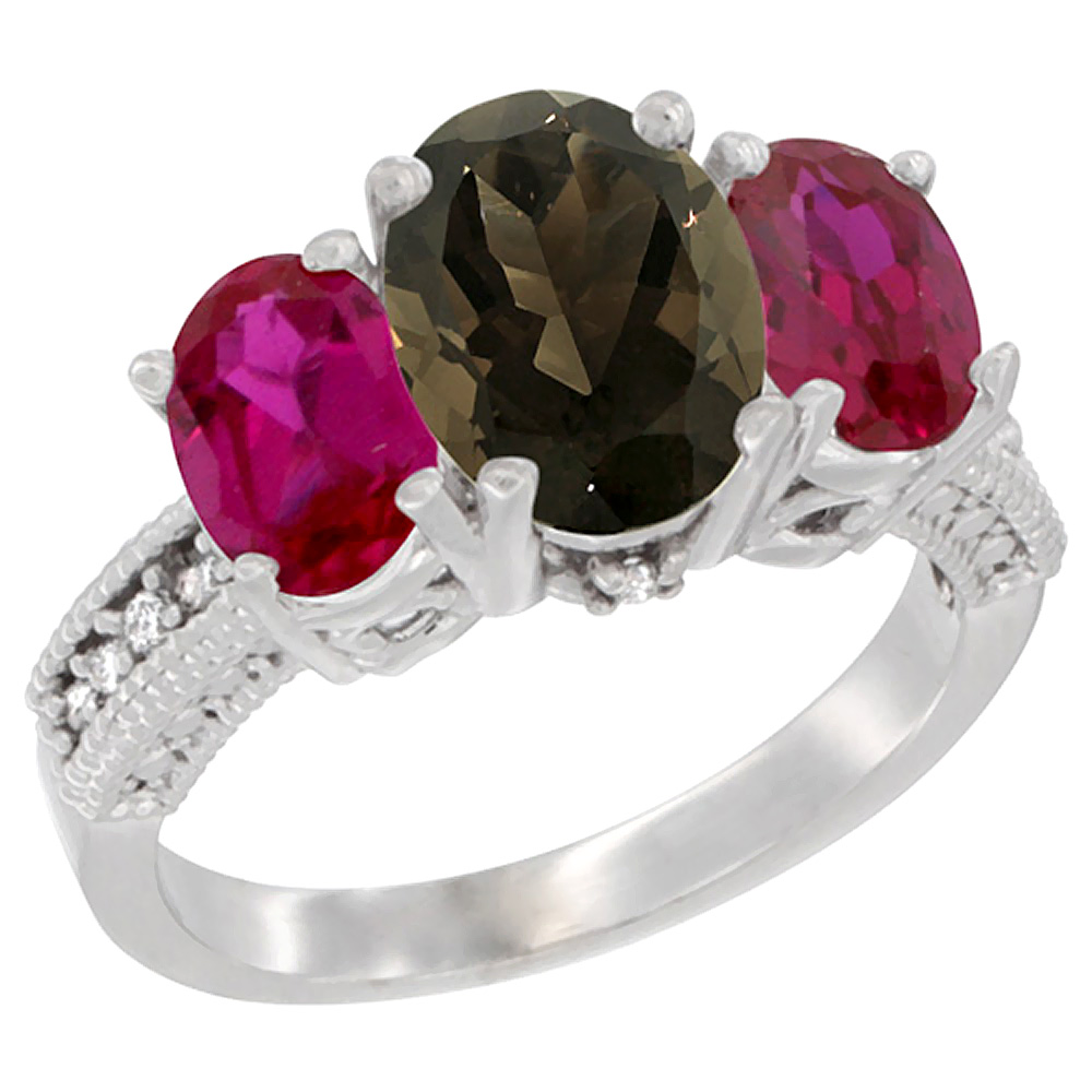 10K White Gold Diamond Natural Smoky Topaz Ring 3-Stone Oval 8x6mm with Ruby, sizes5-10