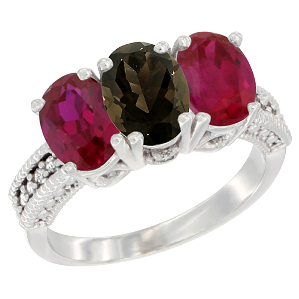 10K White Gold Natural Smoky Topaz &amp; Enhanced Ruby Sides Ring 3-Stone Oval 7x5 mm Diamond Accent, sizes 5 - 10