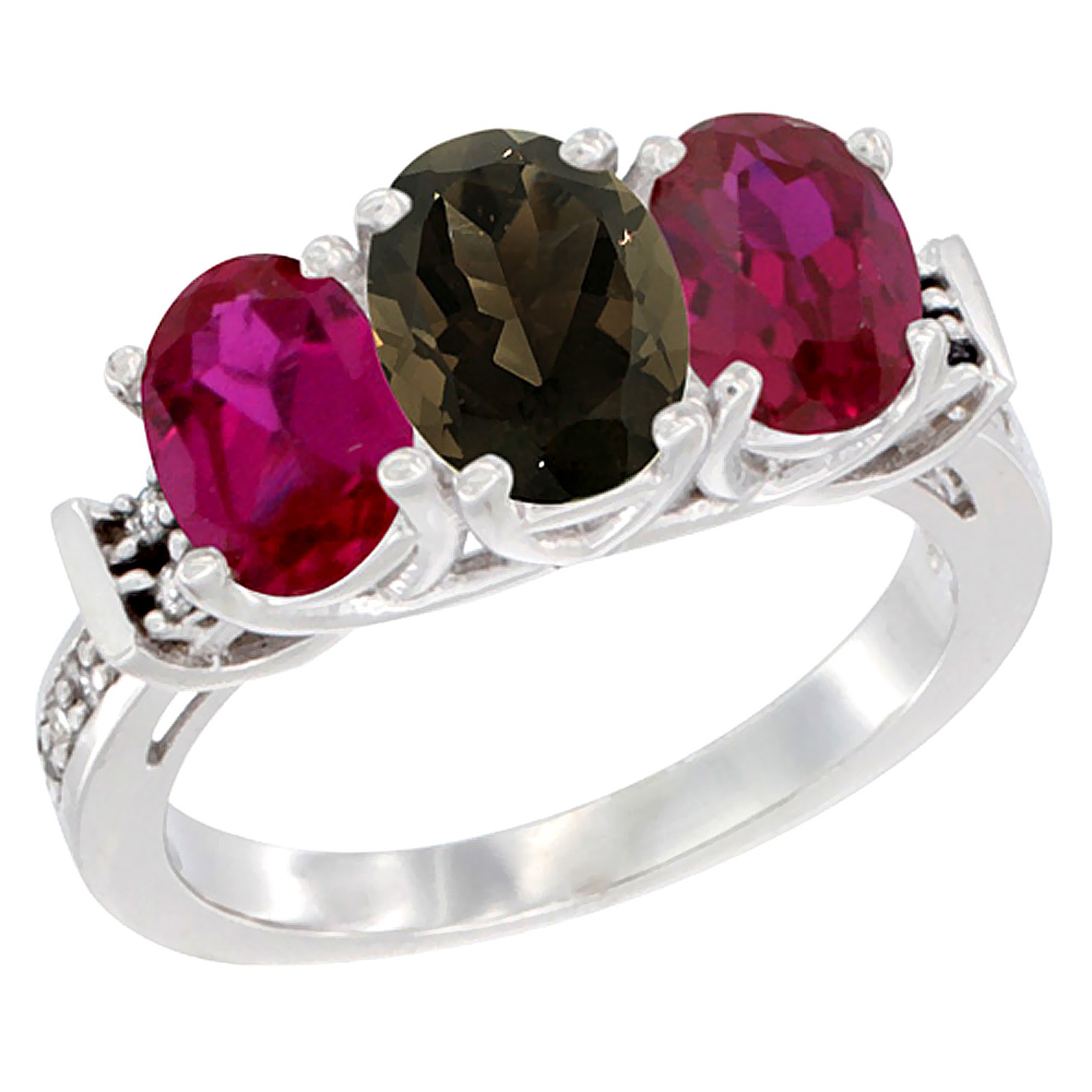 10K White Gold Natural Smoky Topaz & Enhanced Ruby Sides Ring 3-Stone Oval Diamond Accent, sizes 5 - 10