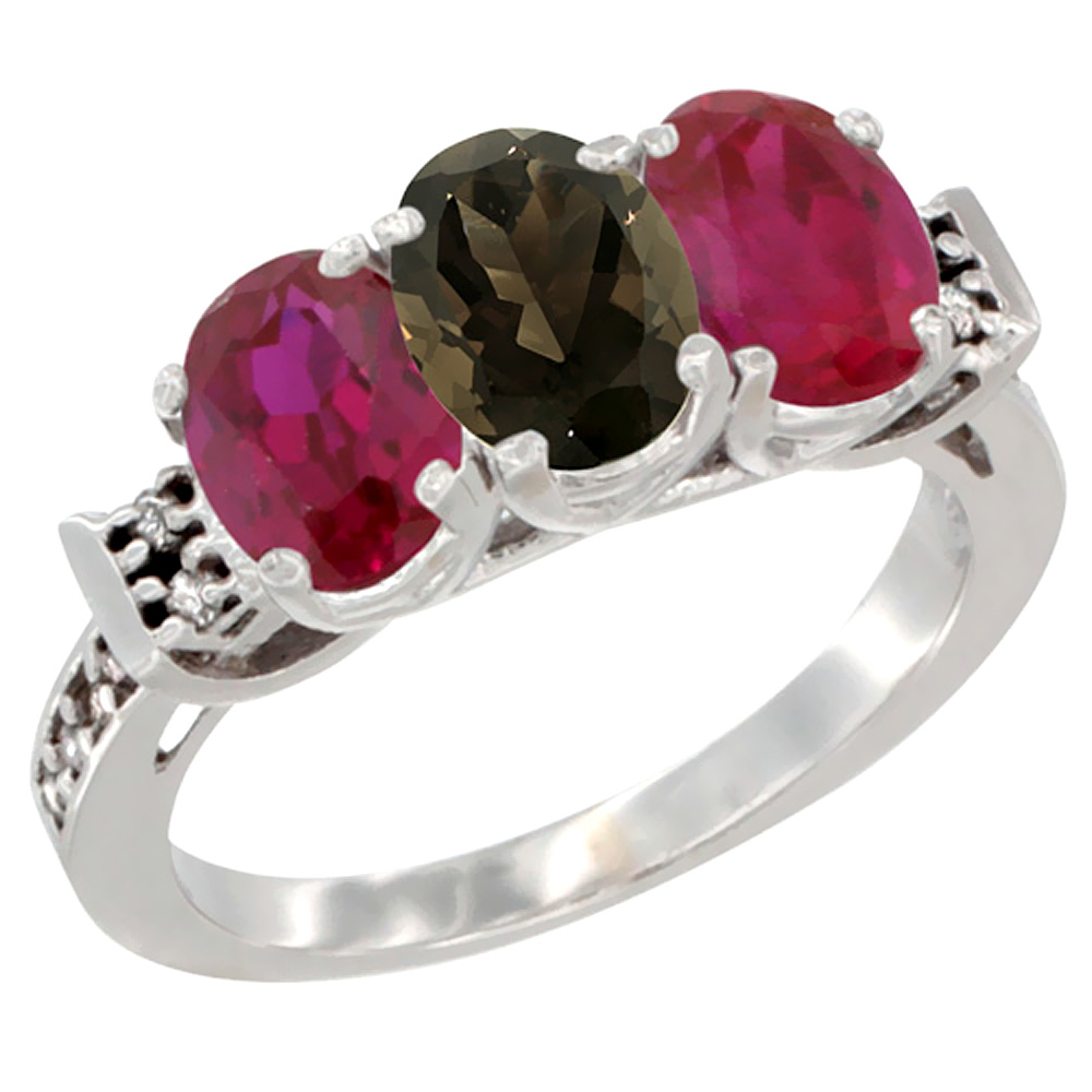 14K White Gold Natural Smoky Topaz & Enhanced Ruby Sides Ring 3-Stone Oval 7x5 mm Diamond Accent, sizes 5 - 10