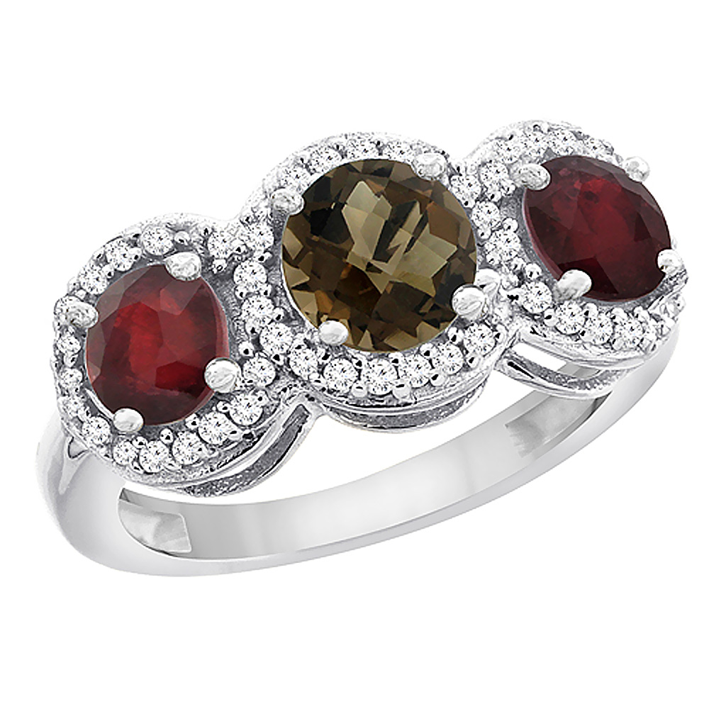 10K White Gold Natural Smoky Topaz &amp; Enhanced Ruby Sides Round 3-stone Ring Diamond Accents, sizes 5 - 10