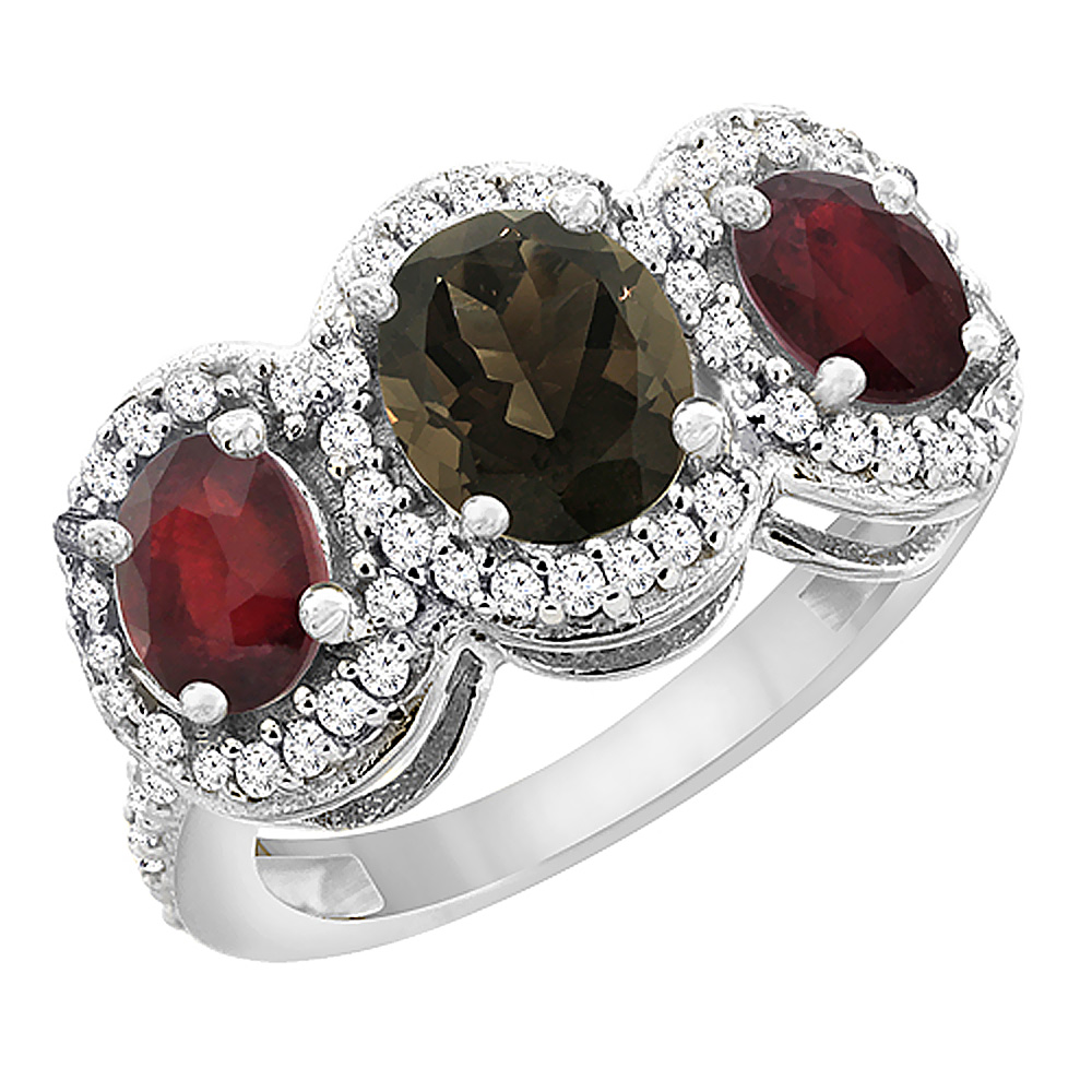 10K White Gold Natural Smoky Topaz & Enhanced Ruby 3-Stone Ring Oval Diamond Accent, sizes 5 - 10