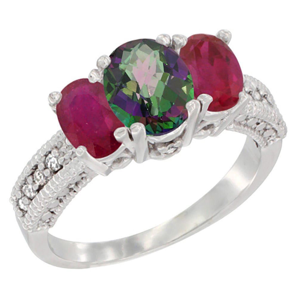 14K White Gold Diamond Natural Mystic Topaz Ring Oval 3-stone with Enhanced Ruby, sizes 5 - 10