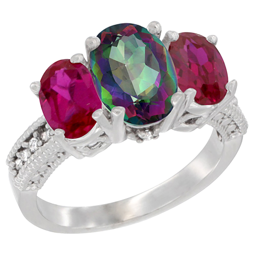14K White Gold Diamond Natural Mystic Topaz Ring 3-Stone Oval 8x6mm with Ruby, sizes5-10