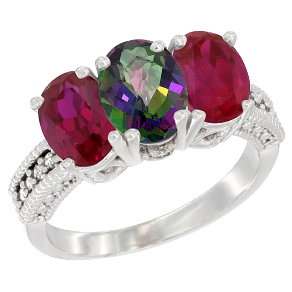 10K White Gold Natural Mystic Topaz & Enhanced Ruby Sides Ring 3-Stone Oval 7x5 mm Diamond Accent, sizes 5 - 10