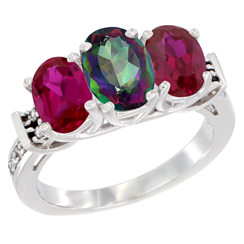 10K White Gold Natural Mystic Topaz &amp; Enhanced Ruby Sides Ring 3-Stone Oval Diamond Accent, sizes 5 - 10
