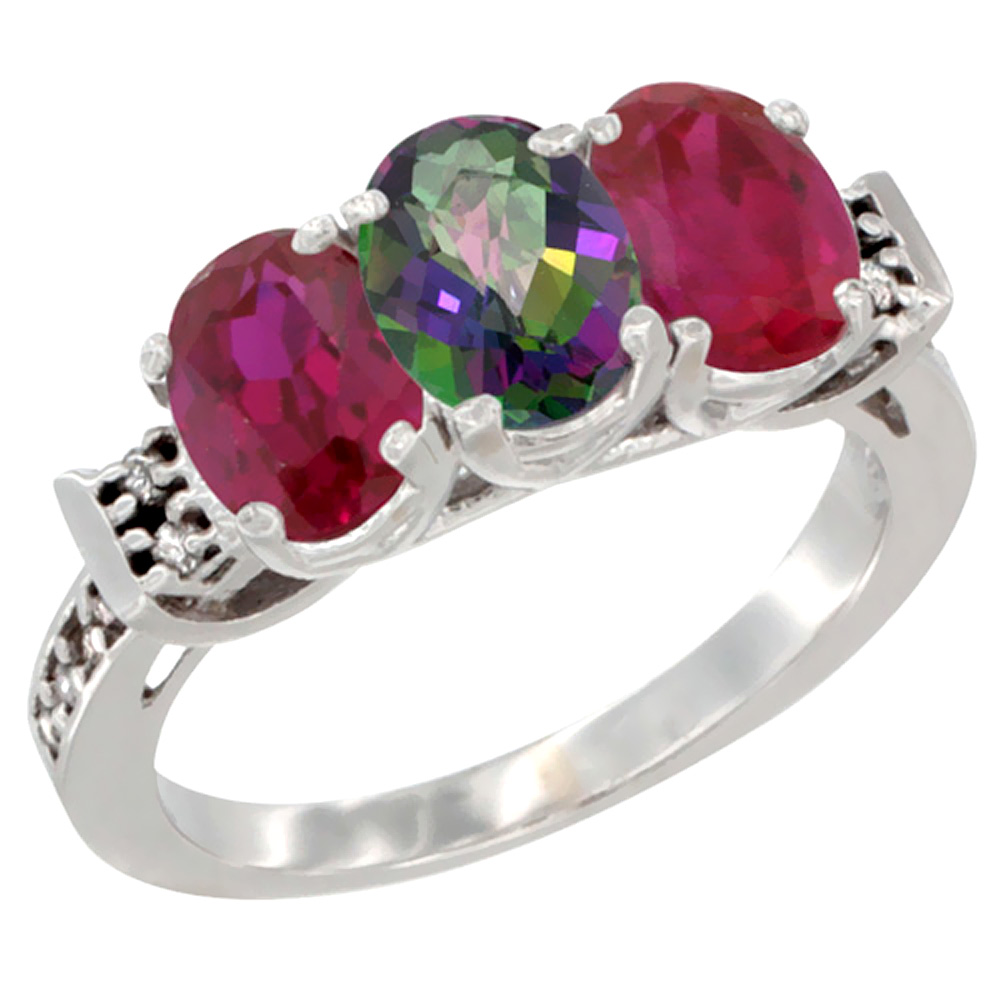 14K White Gold Natural Mystic Topaz & Enhanced Ruby Sides Ring 3-Stone Oval 7x5 mm Diamond Accent, sizes 5 - 10