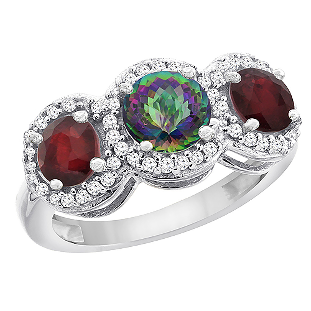 14K White Gold Natural Mystic Topaz & Enhanced Ruby Sides Round 3-stone Ring Diamond Accents, sizes 5 - 10