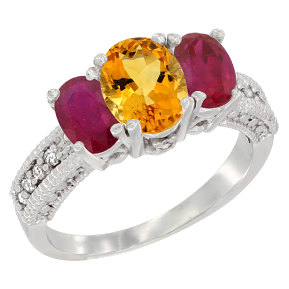 14K White Gold Diamond Natural Citrine Ring Oval 3-stone with Enhanced Ruby, sizes 5 - 10