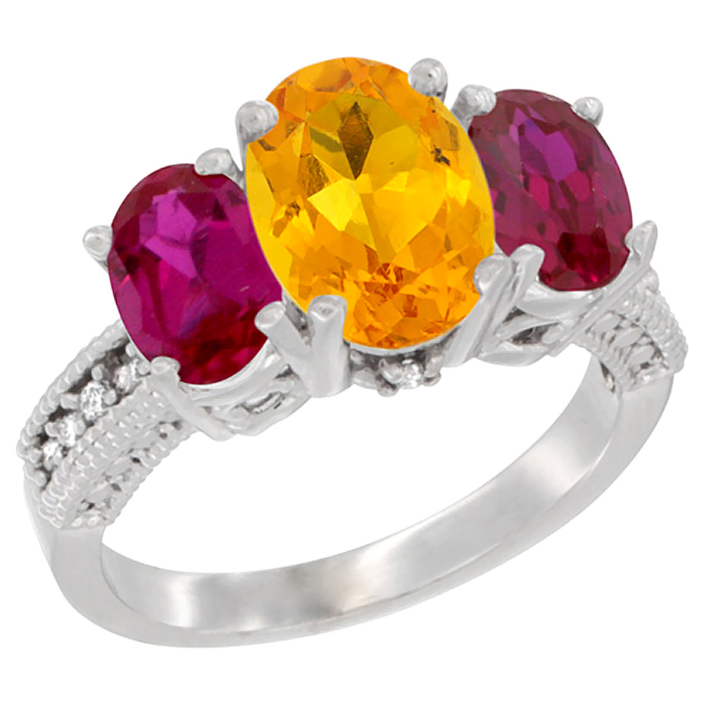 14K White Gold Diamond Natural Citrine Ring 3-Stone Oval 8x6mm with Ruby, sizes5-10
