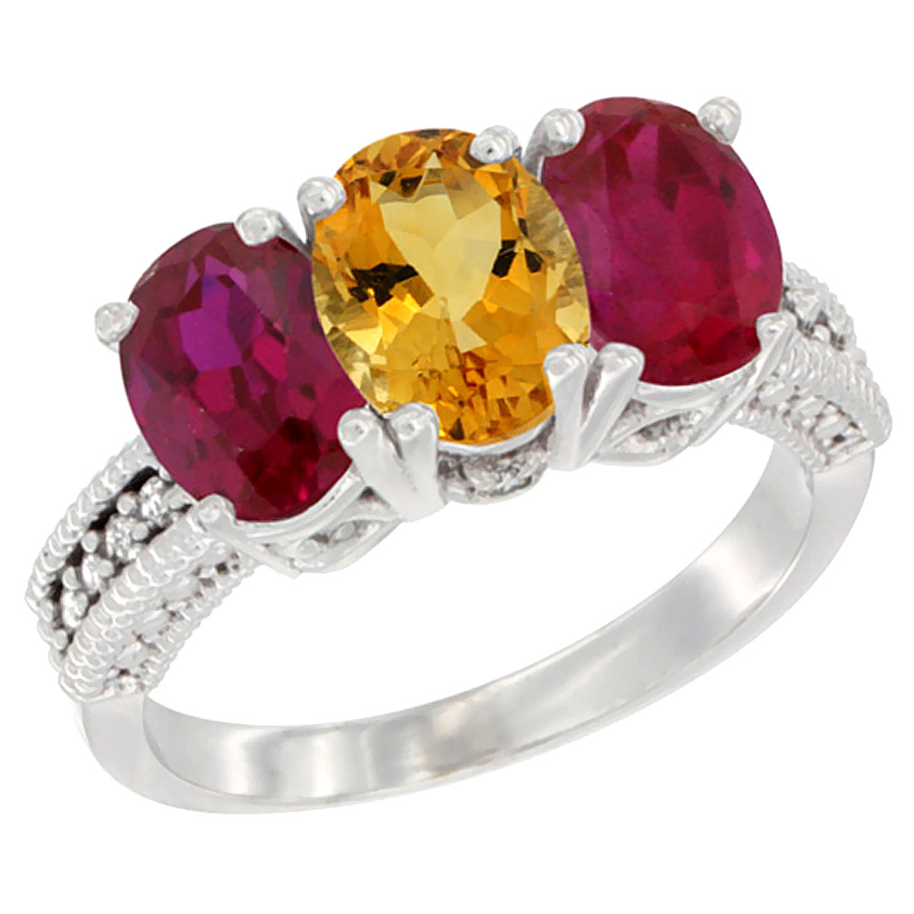 14K White Gold Natural Citrine & Enhanced Ruby Sides Ring 3-Stone Oval 7x5 mm Diamond Accent, sizes 5 - 10