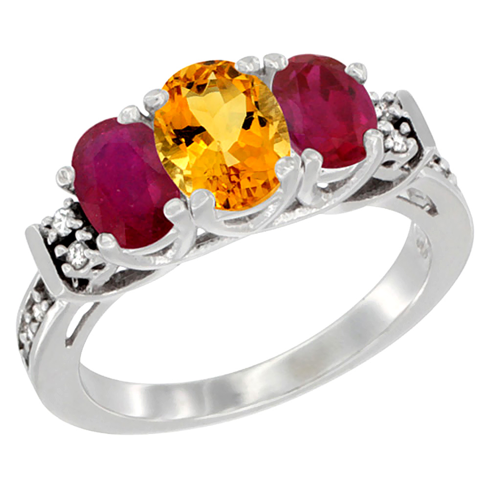 14K White Gold Natural Citrine & Enhanced Ruby Ring 3-Stone Oval Diamond Accent, sizes 5-10