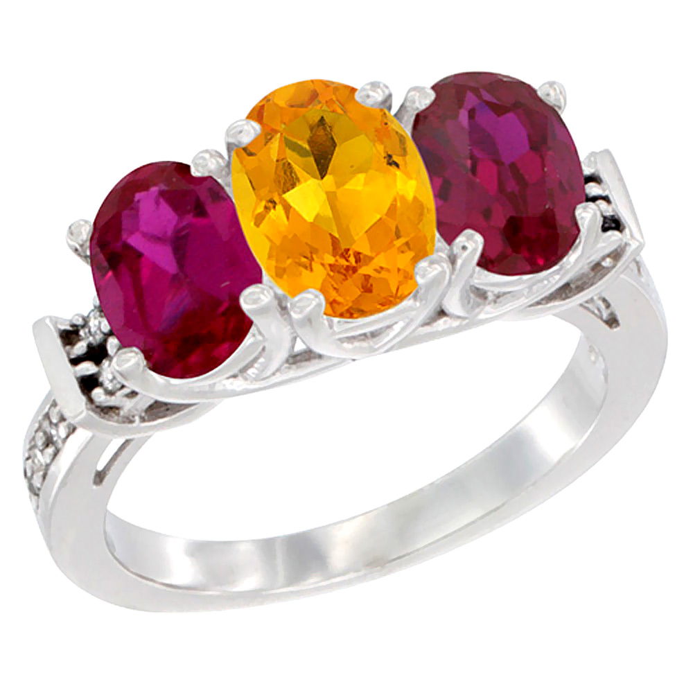 14K White Gold Natural Citrine & Enhanced Ruby Sides Ring 3-Stone Oval Diamond Accent, sizes 5 - 10