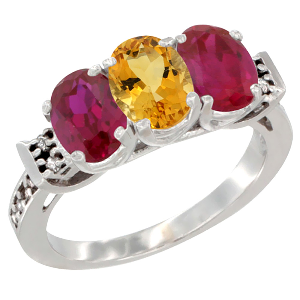 14K White Gold Natural Citrine &amp; Enhanced Ruby Sides Ring 3-Stone Oval 7x5 mm Diamond Accent, sizes 5 - 10