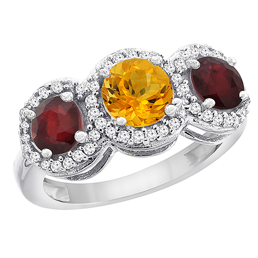 10K White Gold Natural Citrine &amp; Enhanced Ruby Sides Round 3-stone Ring Diamond Accents, sizes 5 - 10