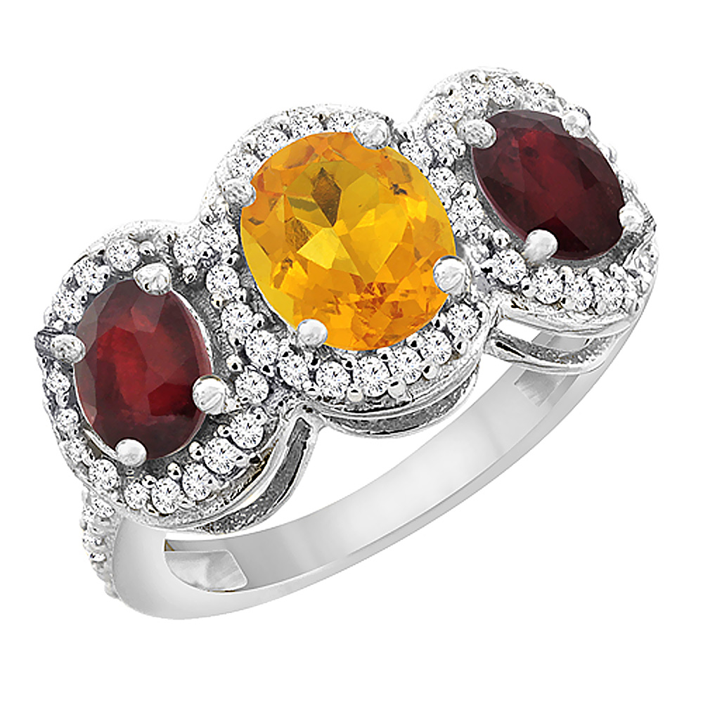 14K White Gold Natural Citrine & Enhanced Ruby 3-Stone Ring Oval Diamond Accent, sizes 5 - 10