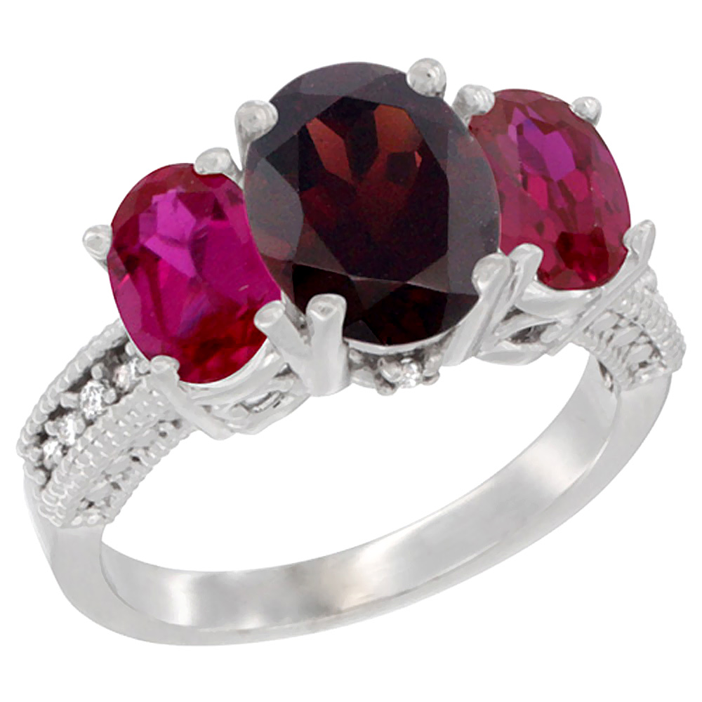 14K White Gold Diamond Natural Garnet Ring 3-Stone Oval 8x6mm with Ruby, sizes5-10
