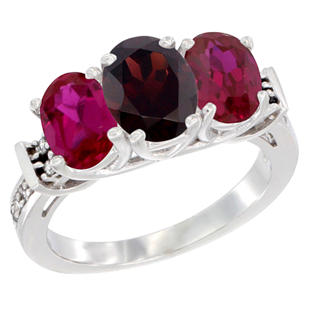 14K White Gold Natural Garnet &amp; Enhanced Ruby Sides Ring 3-Stone Oval Diamond Accent, sizes 5 - 10