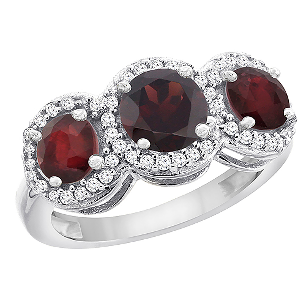 14K White Gold Natural Garnet &amp; Enhanced Ruby Sides Round 3-stone Ring Diamond Accents, sizes 5 - 10