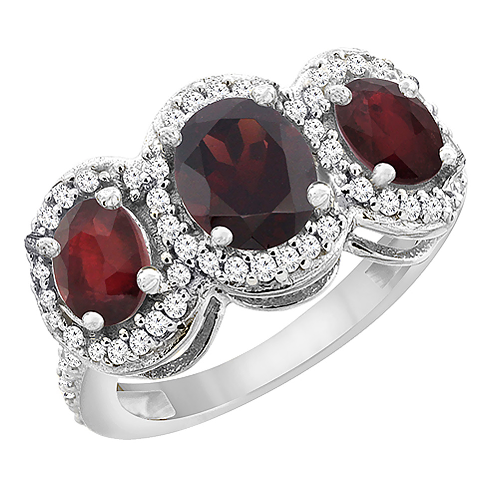 10K White Gold Natural Garnet &amp; Enhanced Ruby 3-Stone Ring Oval Diamond Accent, sizes 5 - 10