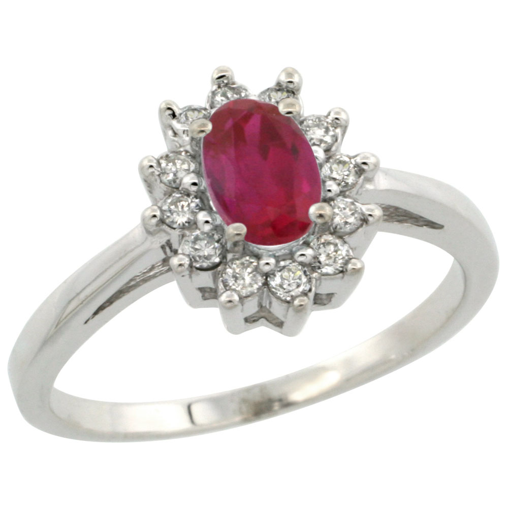 10K White Gold Enhanced Genuine Ruby Flower Diamond Halo Ring Oval 6x4 mm, sizes 5 10