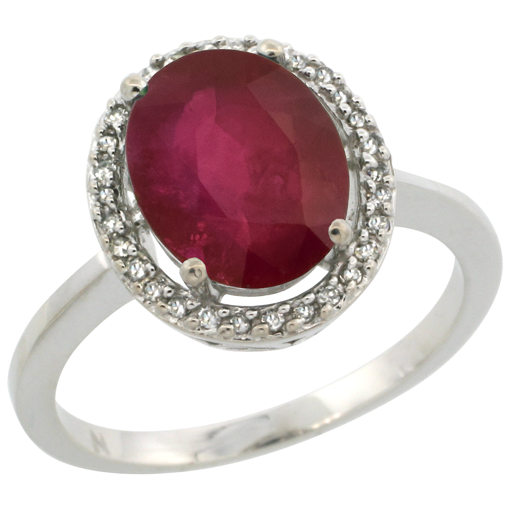 10K White Gold Diamond Halo Enhanced Genuine Ruby Engagement Ring Oval 10x8 mm, sizes 5-10