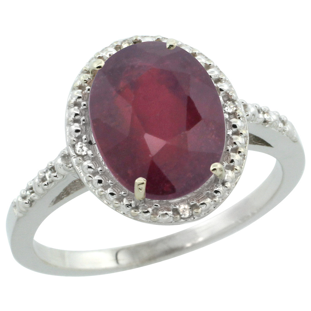 14K White Gold Diamond Enhanced Genuine Ruby Engagement Ring Oval 10x8mm, sizes 5-10