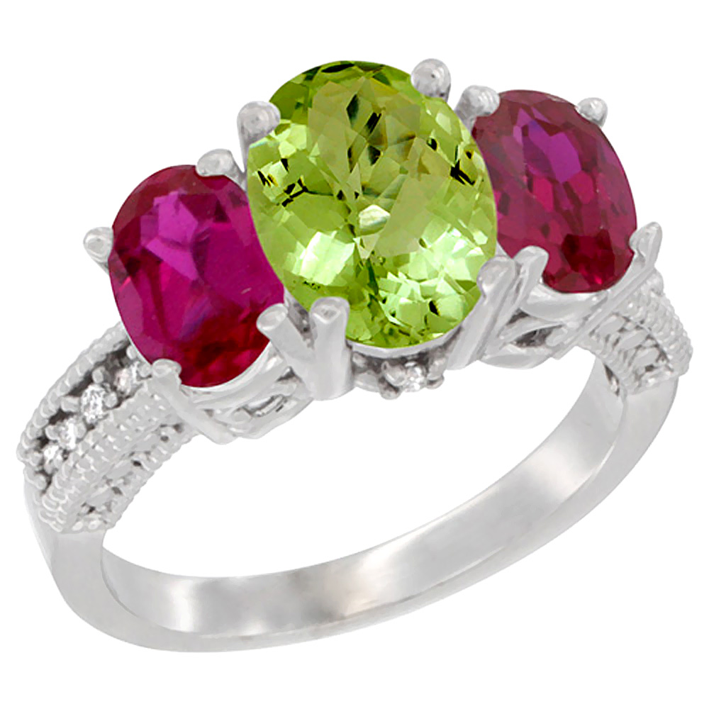 10K White Gold Diamond Natural Peridot Ring 3-Stone Oval 8x6mm with Ruby, sizes5-10