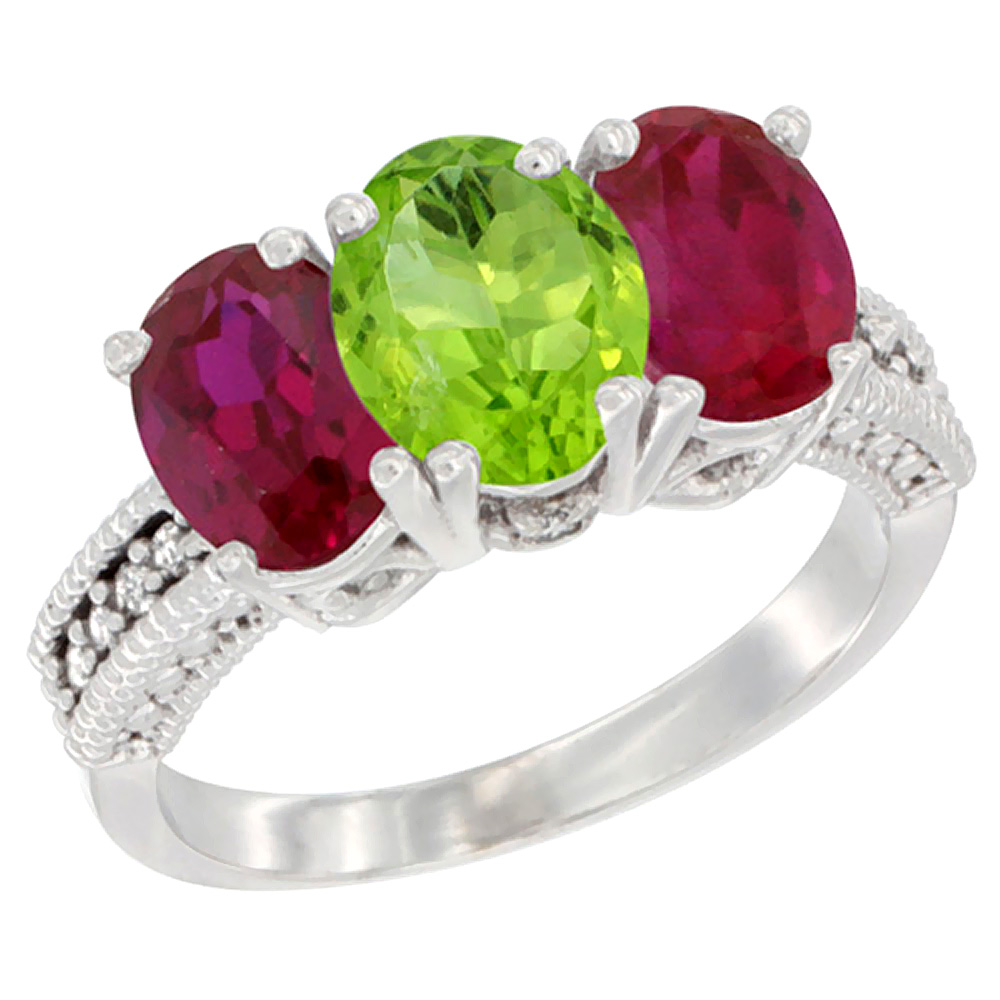 14K White Gold Natural Peridot & Enhanced Ruby Sides Ring 3-Stone Oval 7x5 mm Diamond Accent, sizes 5 - 10